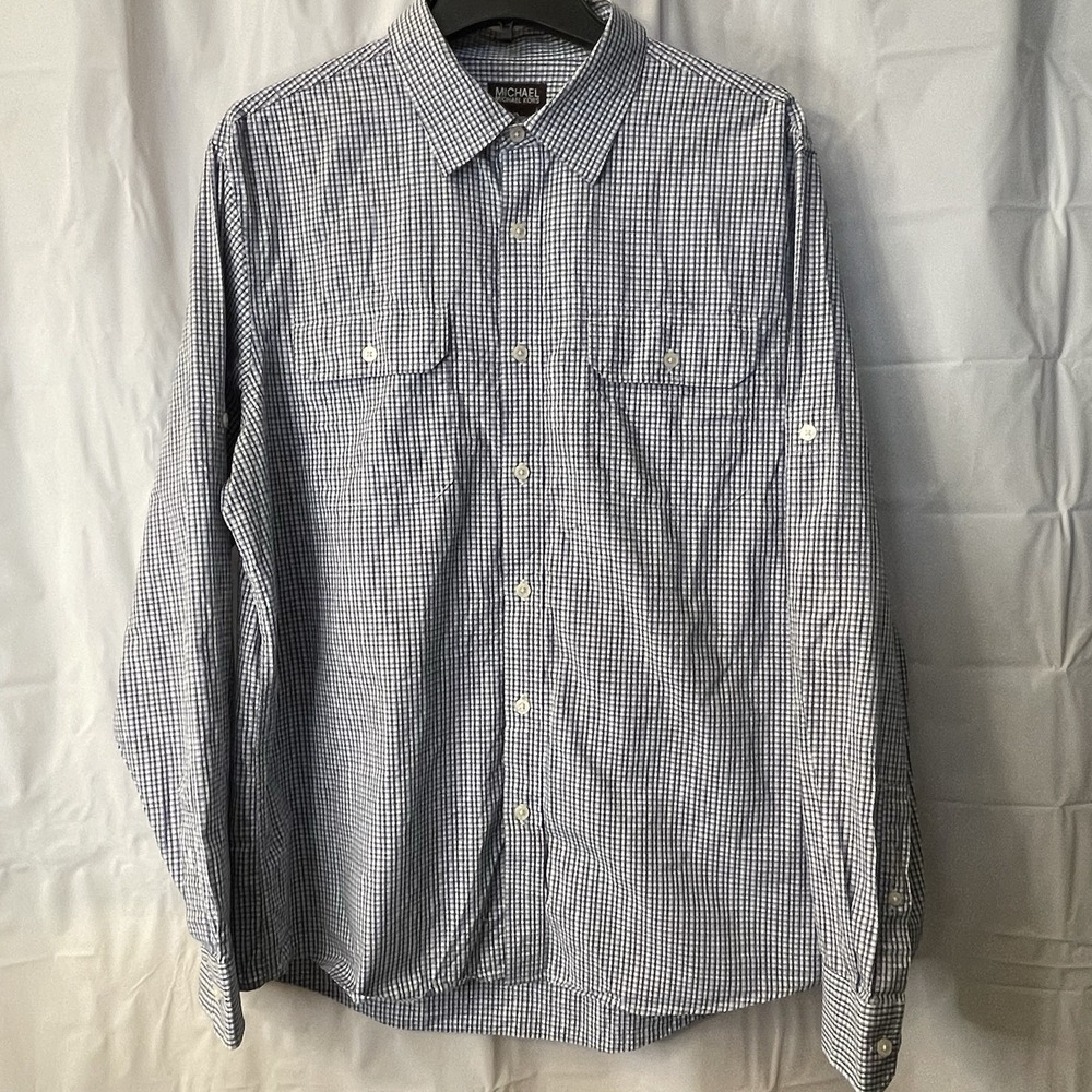 Michael-Michael Kors MK Men's Long‎ Sleeve Button Gingham Plaid Blue/White Sz XL